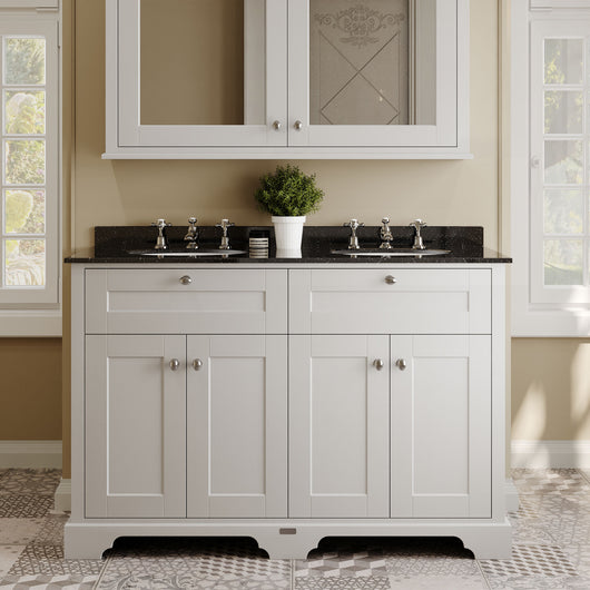  Hudson Reed Old London 1200mm 2-Door Vanity Unit & Double Bowl Black Marble Top 3 Tap Holes - Timeless Sand