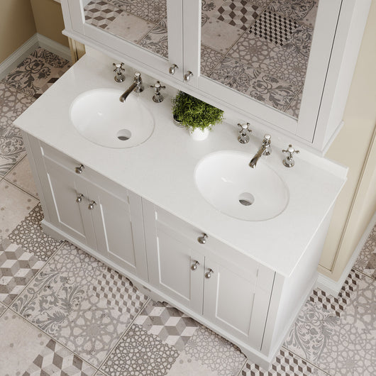  Hudson Reed Old London 1200mm 2-Door Vanity Unit & Double Bowl White Marble Top 3 Tap Holes - Timeless Sand