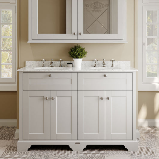  Hudson Reed Old London 1200mm 2-Door Vanity Unit & Double Bowl Grey Marble Top 3 Tap Hole - Timeless Sand