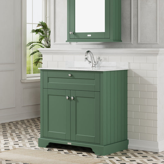  Hudson Reed Old London 800mm 2-Door Vanity Unit & Single Bowl White Marble Top 1 Tap Hole - Hunter Green