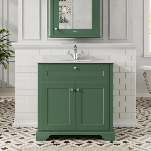 Hudson Reed Old London 800mm 2-Door Vanity Unit & Single Bowl Grey Marble Top 1 Tap Hole - Hunter Green
