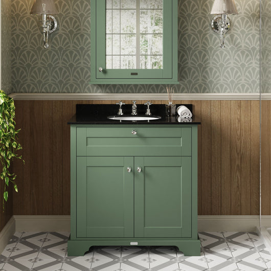  Hudson Reed Old London 800mm 2-Door Vanity Unit & Single Bowl Black Marble Top 3 Tap Hole - Hunter Green