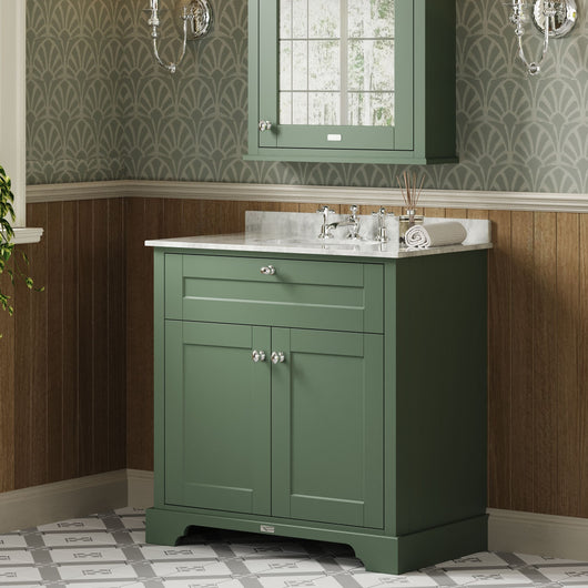  Hudson Reed Old London 800mm 2-Door Vanity Unit & Single Bowl White Marble Top 3 Tap Holes - Hunter Green