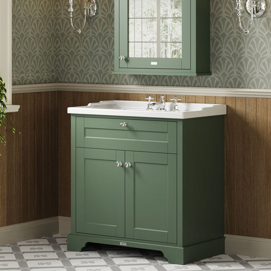  Hudson Reed Old London 800mm 2-Door Vanity Unit & Ceramic 3 Tap Hole Basin - Hunter Green
