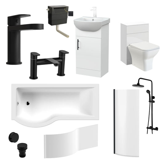  Mayford Complete Matt Black 1500 P Shaped 950 Combination Bathroom Suite