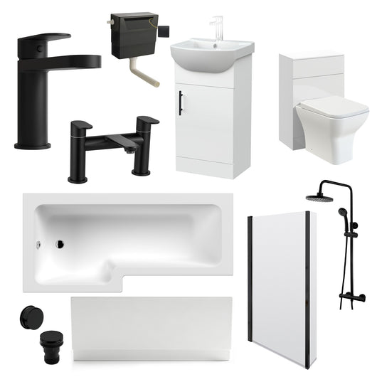  Mayford 1700 L Shaped Matt Black Complete 950 Combination Bathroom Suite