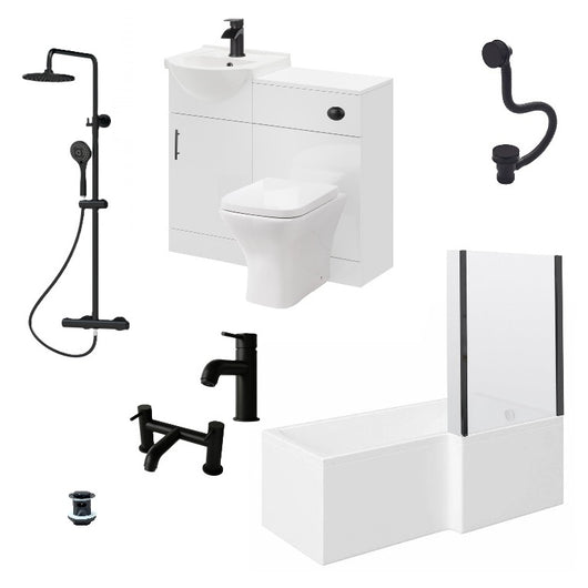  Mayford 1500 L Shaped Matt Black Complete 950 Combination Bathroom Suite
