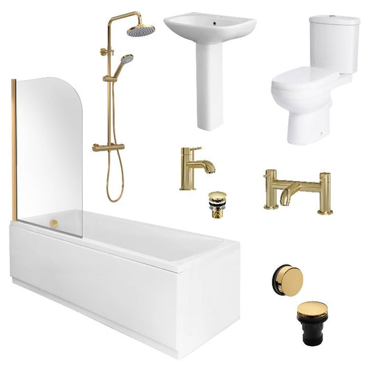  Monty 1700 x 750 Straight Bath Complete Brushed Brass Bathroom Suite