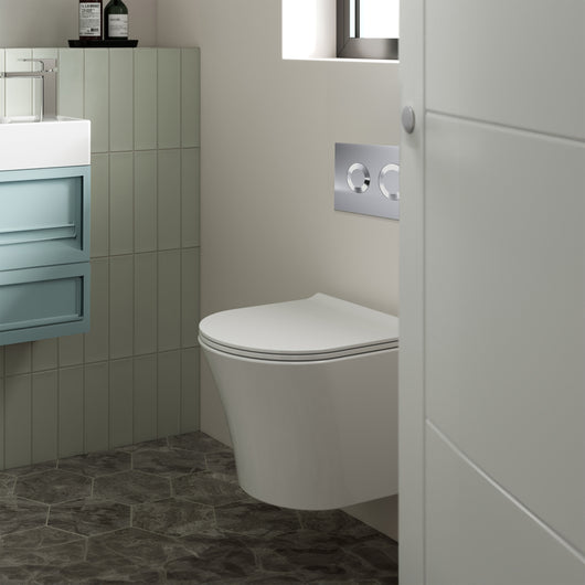  Freya Mid-Height Concealed Cistern Frame Wall Hung Rimless Toilet Pan with Soft Close Seat - Round Plate - welovecouk