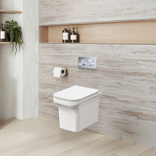  Ava Mid-Height Concealed Cistern Frame Wall Hung Rimless Toilet Pan & Sandwich Soft Close Seat - Square Plate