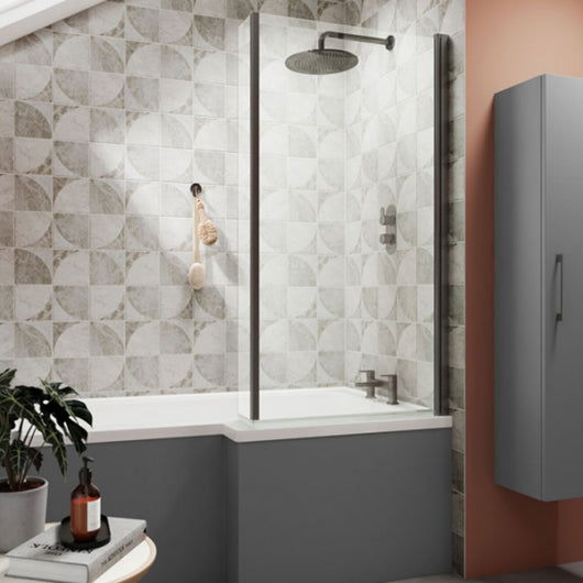  Brushed Pewter L Shaped Hinged Bath Screen