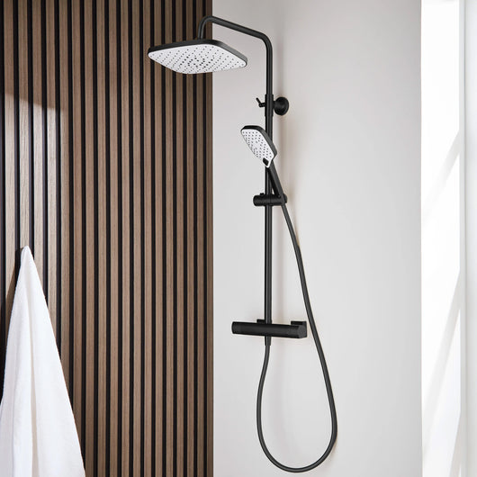  SDG SUPREME Exposed Thermostatic Bar Shower with Rigid Riser, Overhead Drencher Rose & Adjustable Handset - Black