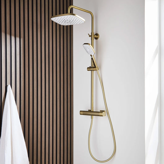  SDG SUPREME Exposed Thermostatic Bar Shower with Rigid Riser, Overhead Drencher Rose & Adjustable Handset - Brushed Brass