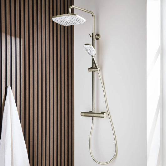  SDG SUPREME Exposed Thermostatic Bar Shower with Rigid Riser, Overhead Drencher Rose & Adjustable Handset - Brushed Nickel