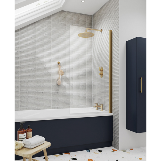  Nuie Pacific Brushed Brass Profile Square Hinged Bath Screen 1430mm H x 785mm W - 6mm Glass - welovecouk