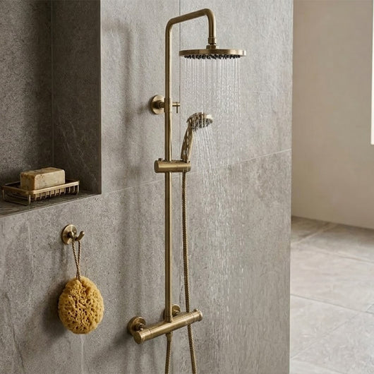  Harik Round Exposed Rigid Riser Thermostatic Shower Set - Brushed Brass - welovecouk