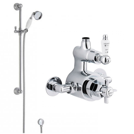  Nuie Traditional Twin Exposed Thermostatic Shower Valve with Slider Rail Kit - Chrome