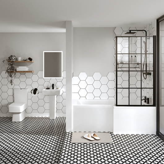  Serene 1600 L-Shaped Framed Matt Black Complete Shower Bathroom Suite - welovecouk