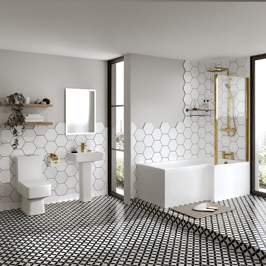  Crystalline 1600 L-Shaped Brushed Brass Complete Shower Bathroom Suite - welovecouk