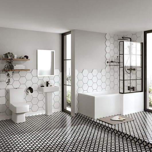  Serene 1700 L-Shaped Framed Matt Black Complete Shower Bathroom Suite - welovecouk