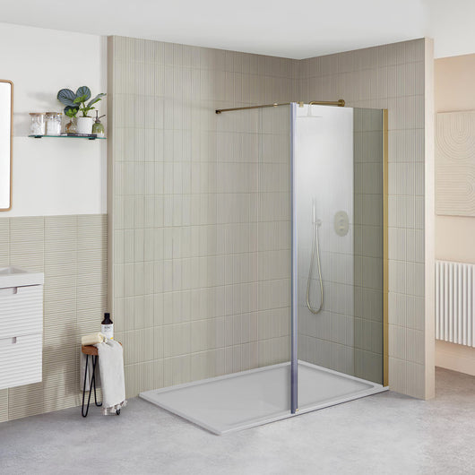  Vetro 8mm Easy Clean Glass Walk In Shower Packs with 1200 x 800 Shower Tray - Brushed Brass