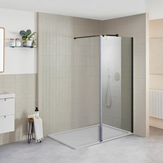  Vetro 8mm Easy Clean Glass Walk In Shower Packs with 1300 x 800 Shower Tray - Black