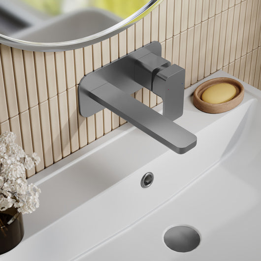  Nuie Windon Wall Mounted 2 Tap Hole Basin Mixer With Plate - Brushed Gun Metal - welovecouk