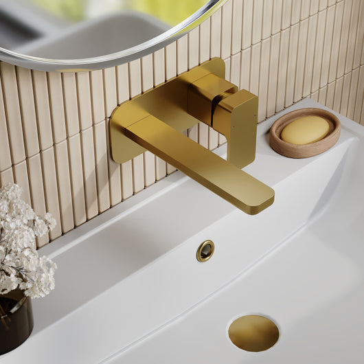  Nuie Windon Wall Mounted 2 Tap Hole Basin Mixer With Plate - Brushed Brass - welovecouk