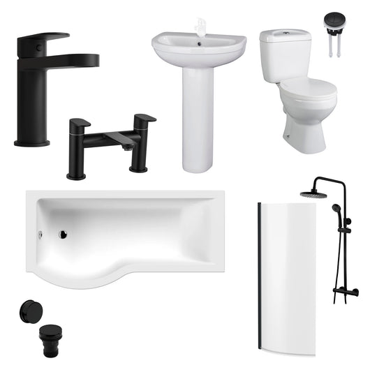  Monty 1700 Black P-Shaped Complete Basin Pedestal Bathroom Suite with Shower Kit