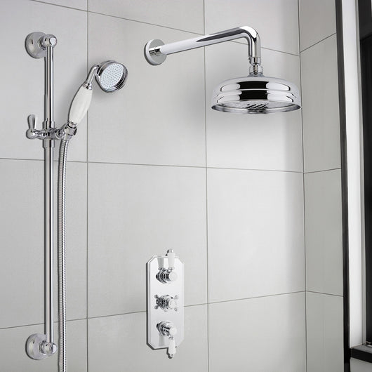  Nuie Victorian Thermostatic Concealed shower Valve with Fixed Shower Head , Arm & Slide Rail Kit - Chrome