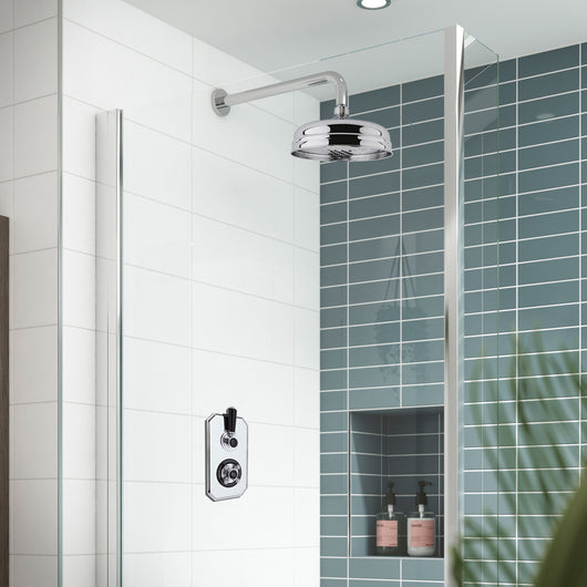  Hudson Reed Topaz Black Thermostatic Shower Valve C/W Fixed Head Shower Arm & Rose - Chrome