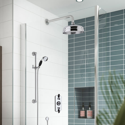  Hudson Reed Topaz Black Thermostatic Concealed shower Valve with Fixed Shower Head , Arm & Slide Rail Kit - Chrome