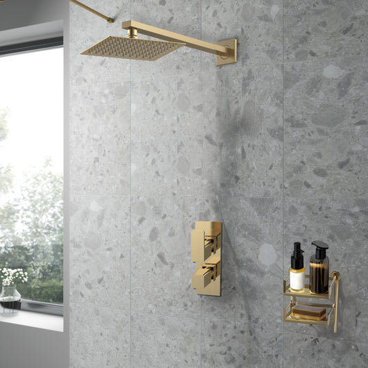  Nuie Windon Thermostatic Concealed shower Valve with Fixed Shower Head & Arm - Brushed Brass