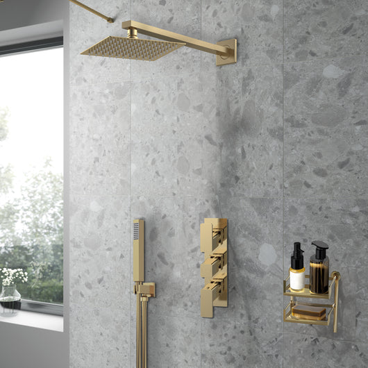  Nuie Windon Thermostatic Concealed shower Valve with Fixed Shower Head , Arm & Shower Handset - Brushed Brass