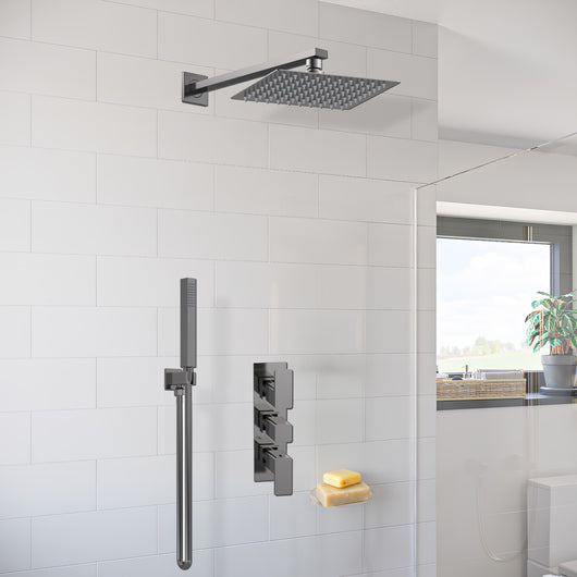  Nuie Windon Thermostatic Concealed shower Valve with Fixed Shower Head , Arm & Shower Handset - Brushed Pewter