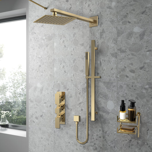  Nuie Windon Thermostatic Concealed shower Valve with Fixed Shower Head , Arm & Slide Rail Kit - Brushed Brass