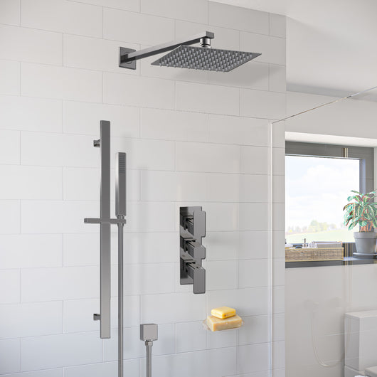  Nuie Windon Thermostatic Concealed shower Valve with Fixed Shower Head , Arm & Slide Rail Kit - Brushed Pewter