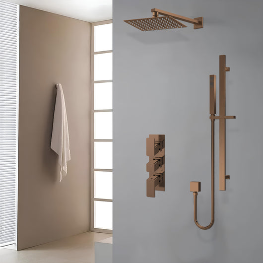  Nuie Windon Thermostatic Concealed shower Valve with Fixed Shower Head , Arm & Slide Rail Kit - Brushed Bronze