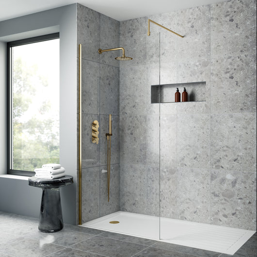  Nuie Arvan Thermostatic Concealed shower Valve with Fixed Shower Head , Arm & Shower Handset - Brushed Brass