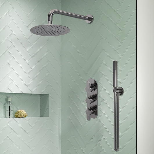  Nuie Arvan Thermostatic Concealed shower Valve with Fixed Shower Head , Arm & Shower Handset - Brushed Pewter