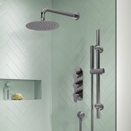  Nuie Arvan Thermostatic Concealed shower Valve with Fixed Shower Head , Arm & Slide Rail Kit - Brushed Pewter