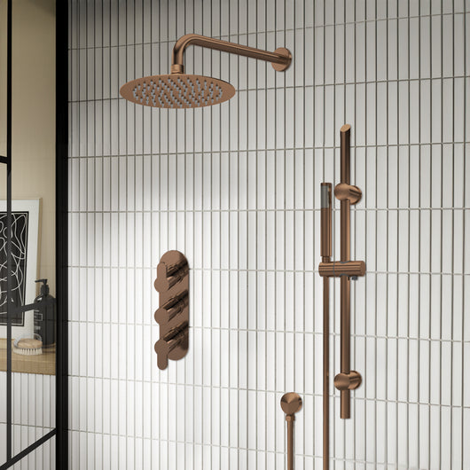  Nuie Arvan Thermostatic Concealed shower Valve with Fixed Shower Head , Arm & Slide Rail Kit - Brushed Bronze