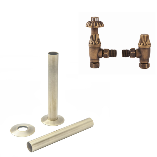  Westminster Antique Brass Thermostatic Radiator Round Valves with 130mm Pipe Sleeves - Angled