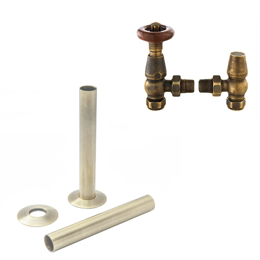  Chelsea Antique Brass Thermostatic Radiator Round Valves with 130mm Pipe Sleeves - Angled