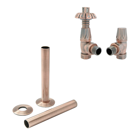  Westminster Antique Copper Thermostatic Radiator Round Valves with 130mm Pipe Sleeves - Angled