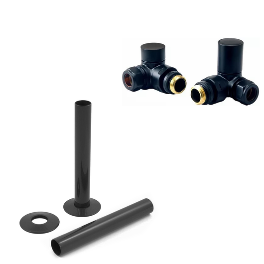  Black Manual Radiator Round Valves with 130mm Pipe Sleeves - Corner