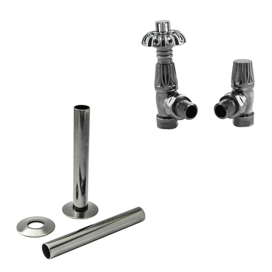  Westminster Black Nickel Thermostatic Radiator Round Valves with 130mm Pipe Sleeves - Angled