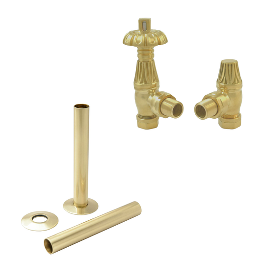  Westminster Brushed Brass Thermostatic Radiator Round Valves with 130mm Pipe Sleeves - Angled