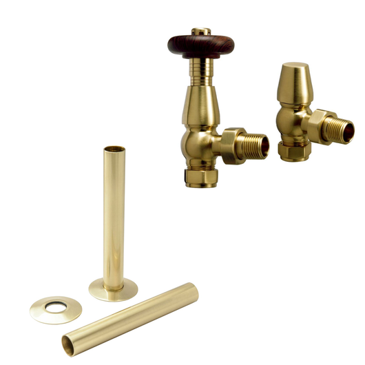  Chelsea Brushed Brass Thermostatic Radiator Round Valves with 130mm Pipe Sleeves - Angled