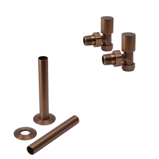  Brushed Bronze Manual Radiator Round Valves with 130mm Pipe Sleeves - Angled